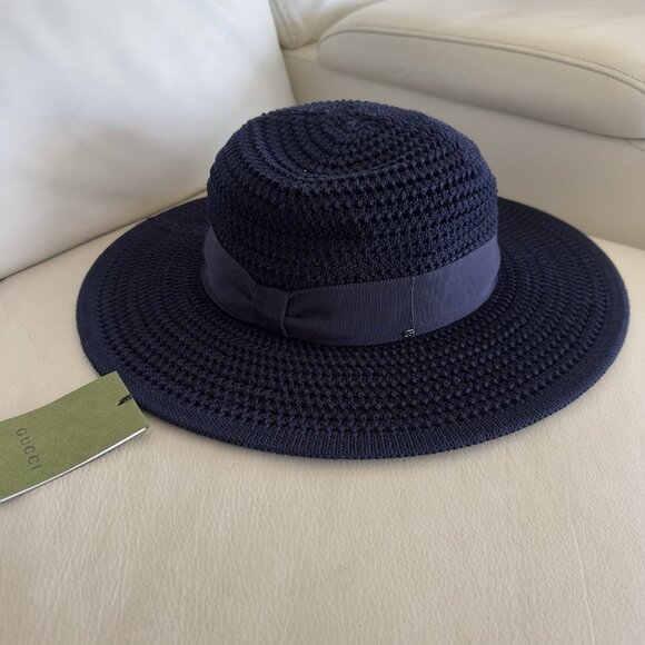 NWT GUCCI  Cotton Crochet Wide Brim Hat M Navy Blue Laerte Sz L - Picture 6 of 8